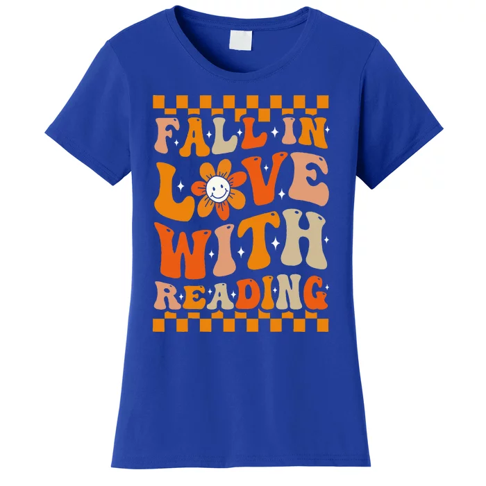 Fall In Love With Reading Books Groovy Thanksgiving Teacher Women's T-Shirt