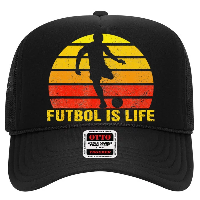 Futbol Is Life Vintage Soccer Player Sports Futbol High Crown Mesh Trucker Hat