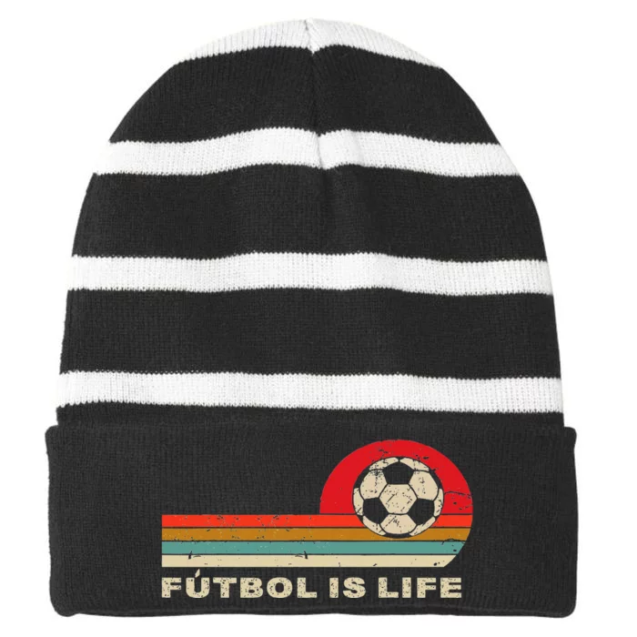 Futbol Is Life Football Lovers Soccer Funny Vintage Retro Striped Beanie with Solid Band