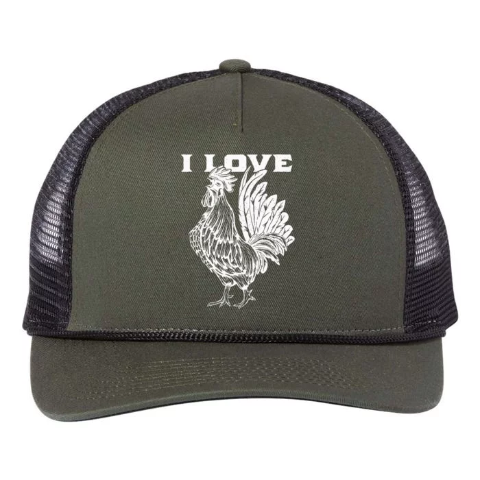 Funny I Love Cock Rooster Lover I Love Roosters Retro Rope Trucker Hat Cap