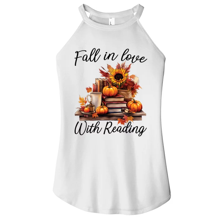 Fall In Love With Reading Book Autumn Teachers Pumpkins Women’s Perfect Tri Rocker Tank