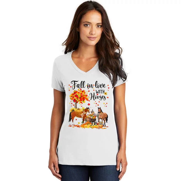 Fall In Love With Horses Autumn Fall Love Horse Thanksgiving Women's V-Neck T-Shirt