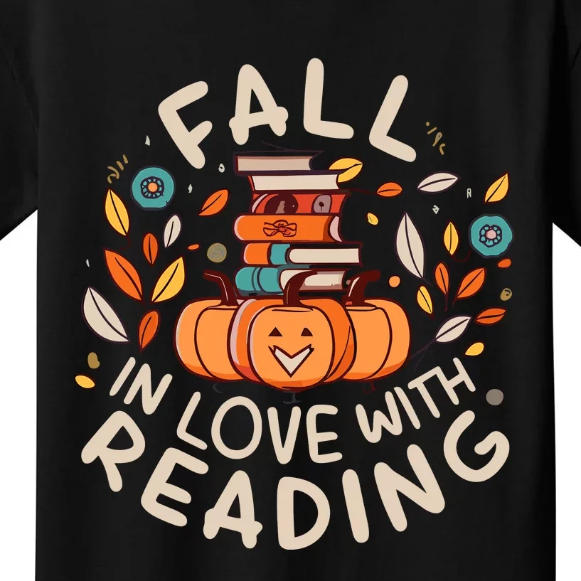 Fall In Love With Reading Book Autumn Pumpkins And Teachers Kids T-Shirt