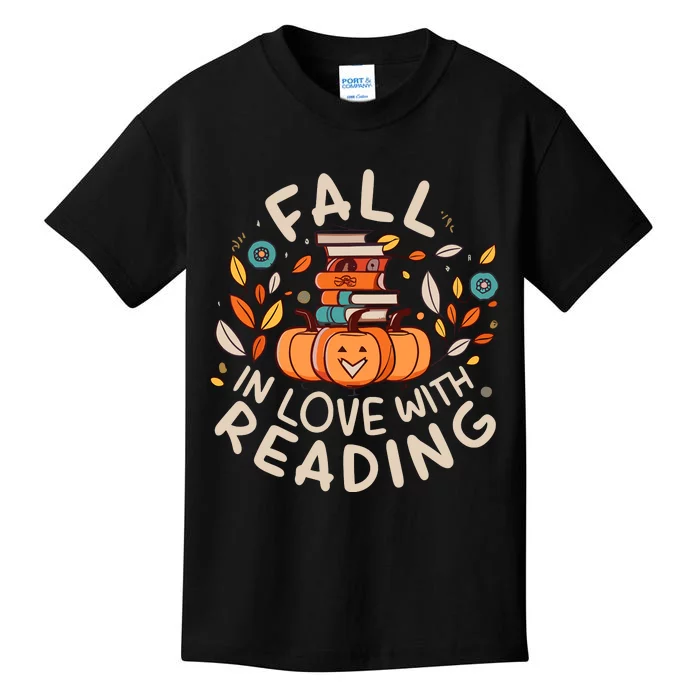 Fall In Love With Reading Book Autumn Pumpkins And Teachers Kids T-Shirt