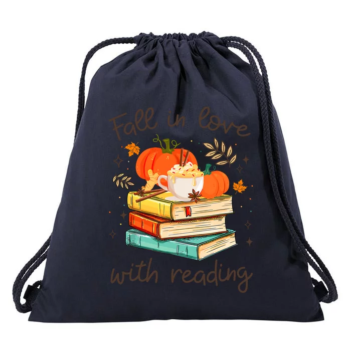 Fall In Love With Reading Book Autumn Pumpkins And Teachers Drawstring Bag