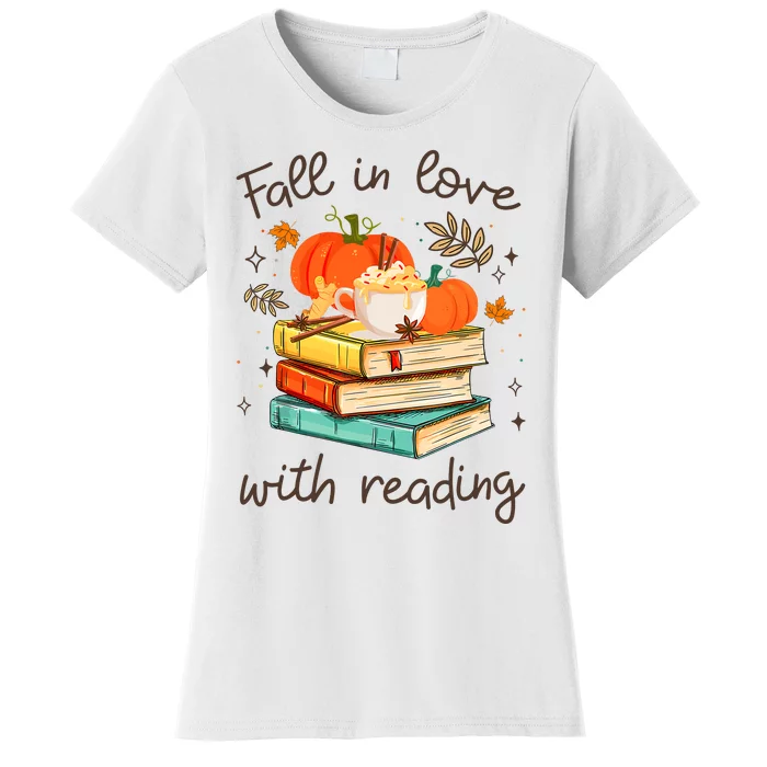 Fall In Love With Reading Book Autumn Pumpkins And Teachers Women's T-Shirt