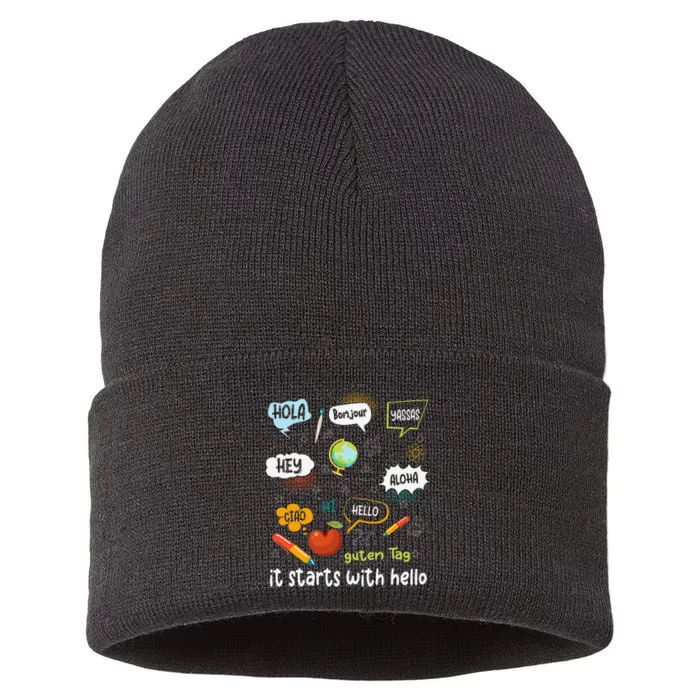 Friendship Inclusion Language Teacher It Starts With Hello Gift Sustainable Knit Beanie