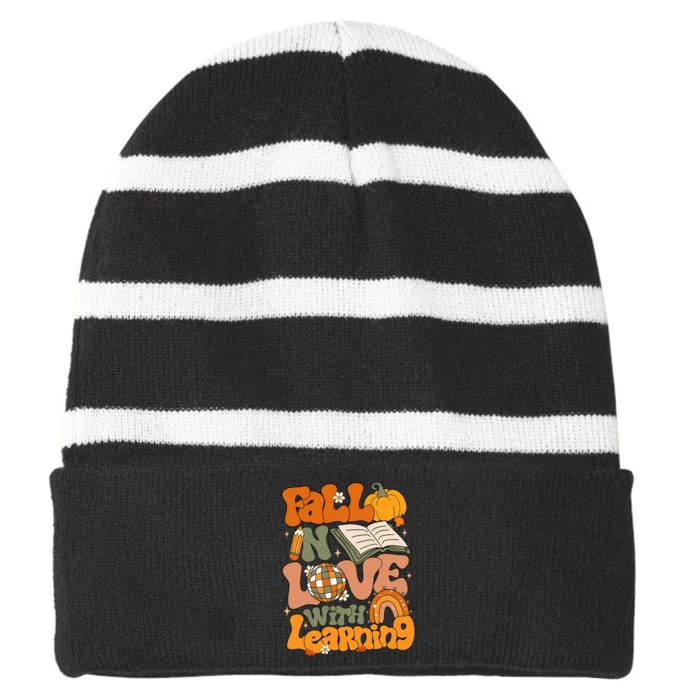 Fall In Love With Learning Autum Thanksgiving Teacher Striped Beanie with Solid Band