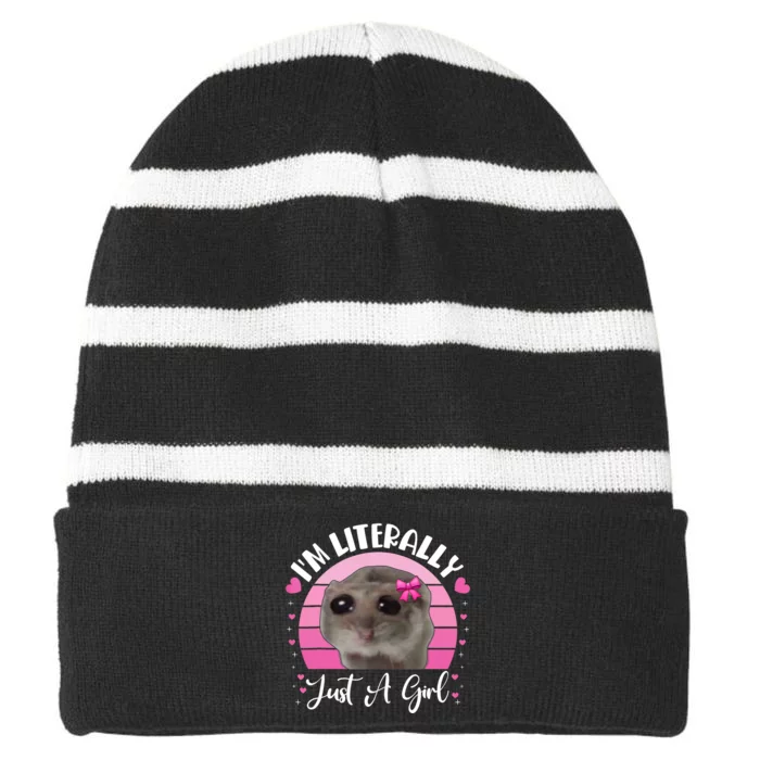 Funny IM Literally Just A Girl Sad Hamster Meme Vintage Striped Beanie with Solid Band