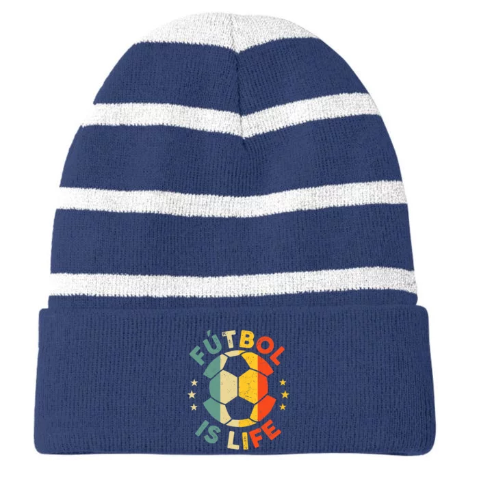 Futbol Is Life Football Lover Soccer Funny Vintage Coach Striped Beanie with Solid Band