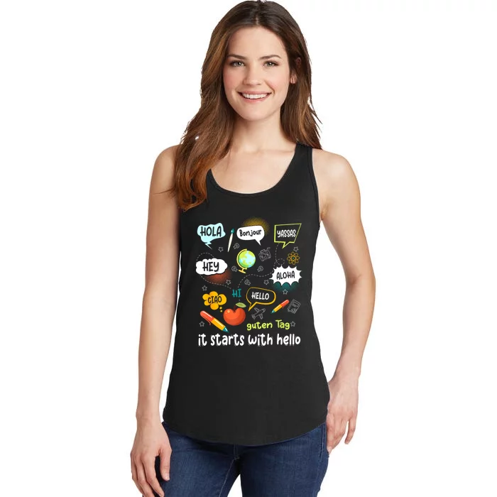 Friendship Inclusion Language Teacher It Starts With Hello Ladies Essential Tank