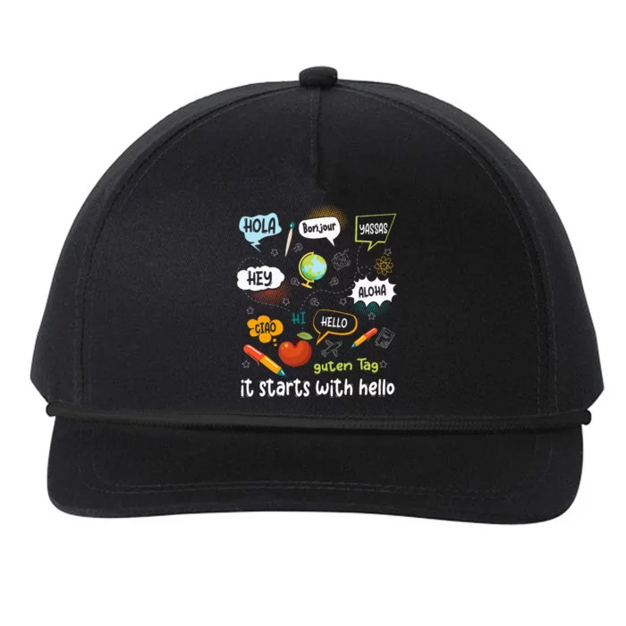 Friendship Inclusion Language Teacher It Starts With Hello Snapback Five-Panel Rope Hat