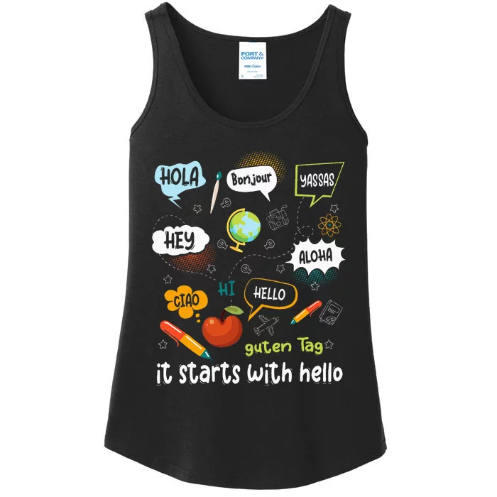 Friendship Inclusion Language Teacher It Starts With Hello Ladies Essential Tank