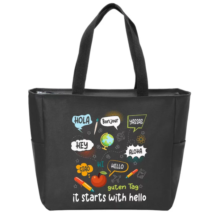 Friendship Inclusion Language Teacher It Starts With Hello Zip Tote Bag