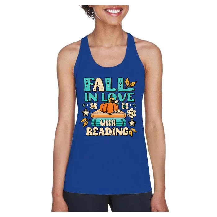 Fall In Love With Reading Book Autumn Pumpkins And Teachers Women's Racerback Tank