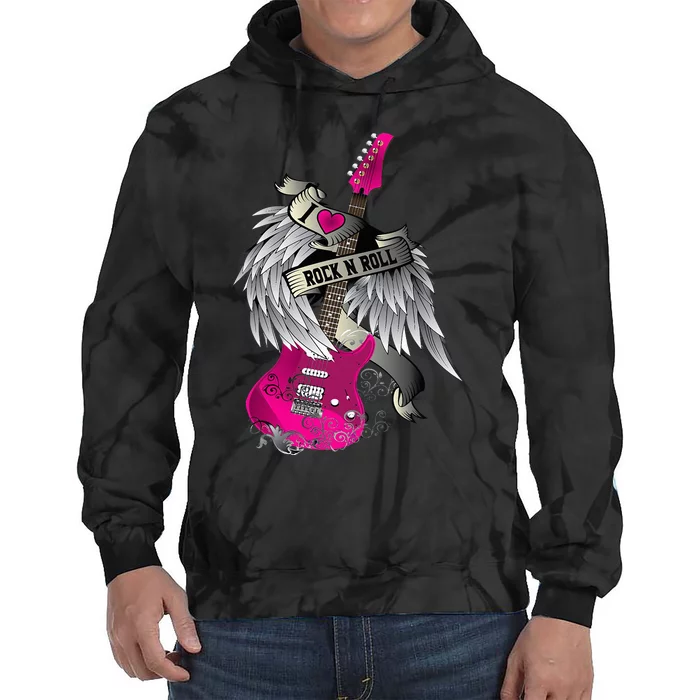 Funny I Love Rock And Roll Guitar Angel Wings Tie Dye Hoodie