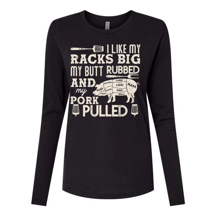 Funny I Like My Racks Big Butt Rubbed And Pork Pulled Meat Cut Lines Womens Cotton Relaxed Long Sleeve T-Shirt