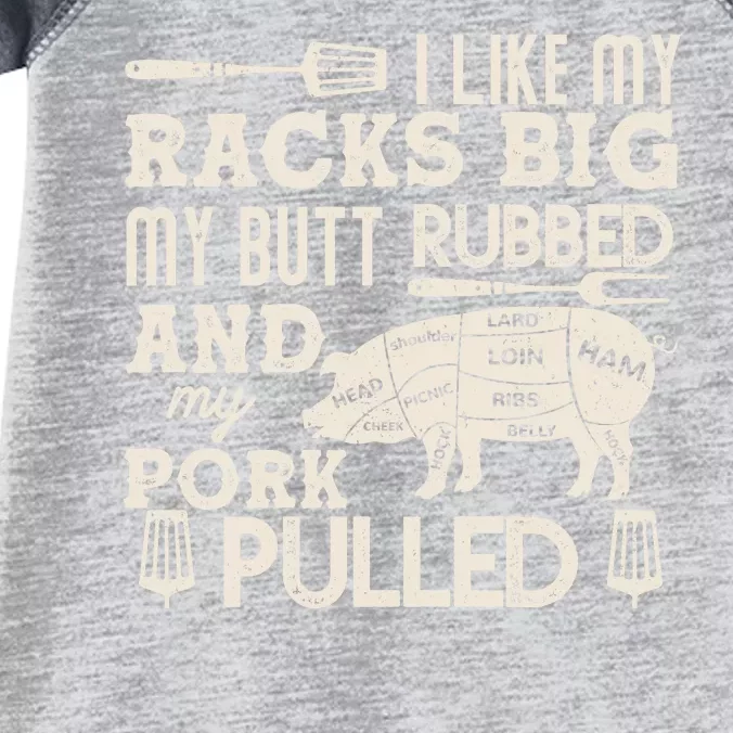 Funny I Like My Racks Big Butt Rubbed And Pork Pulled Meat Cut Lines Infant Baby Jersey Bodysuit