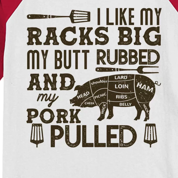 Funny I Like My Racks Big Butt Rubbed And Pork Pulled Meat Cut Lines Kids Colorblock Raglan Jersey