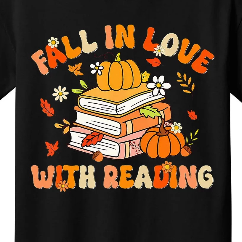 Fall In Love With Reading Book Autumn Pumpkins And Teachers Kids T-Shirt