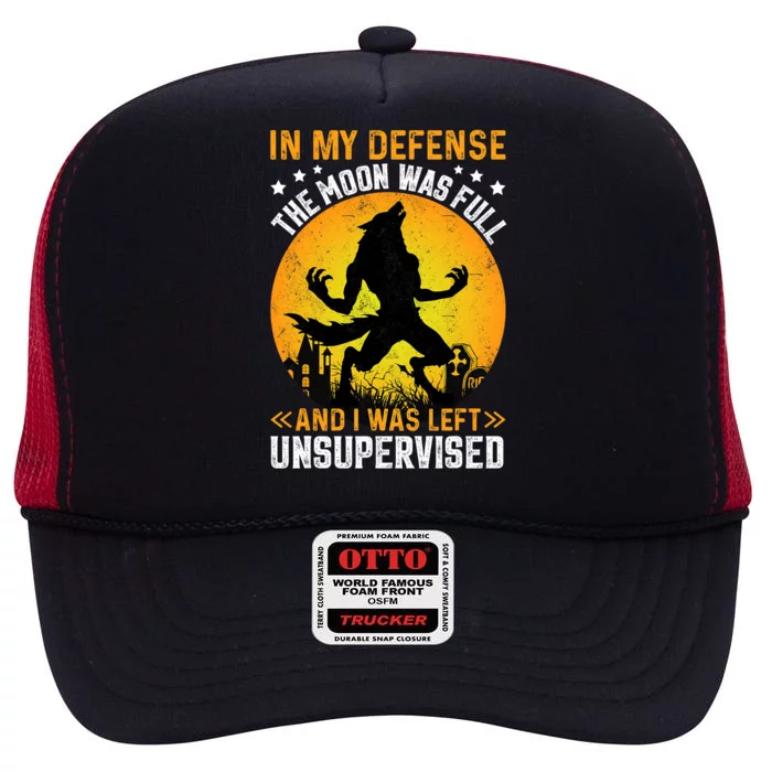 Funny In My Defense Werewolf Halloween Moon Men Women High Crown Mesh Trucker Hat