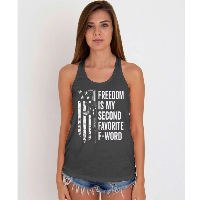 Freedom Is My Second Favorite F Word Funny Gun Joke (BACK) Women's Knotted Racerback Tank