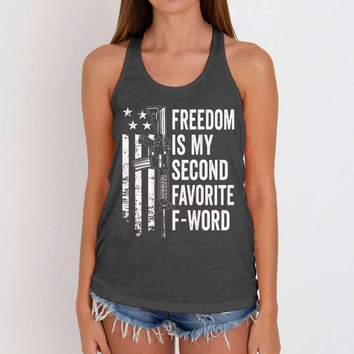 Freedom Is My Second Favorite F Word Funny Gun Joke (BACK) Women's Knotted Racerback Tank