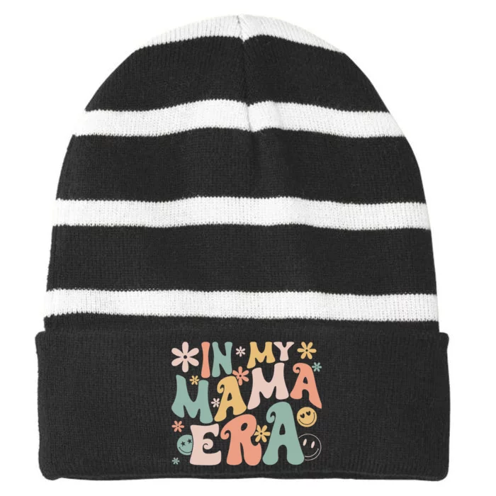 Funny In My Mama Era Lover Groovy Retro Mom Mother's Day Striped Beanie with Solid Band