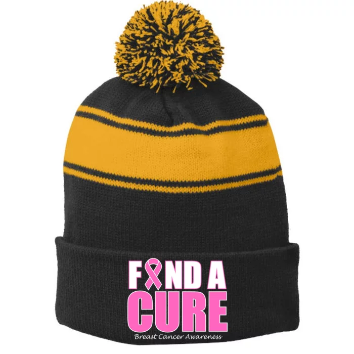 Find A Cure Breast Cancer Awareness Ribbon Stripe Pom Pom Beanie