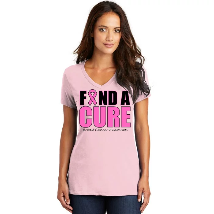 Find A Cure Breast Cancer Awareness Ribbon Women's V-Neck T-Shirt