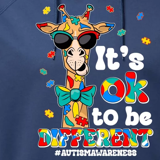 Funny ItS Ok To Be Different Autism Awareness Giraffe Performance Fleece Hoodie