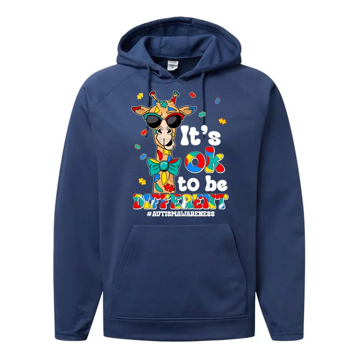 Funny ItS Ok To Be Different Autism Awareness Giraffe Performance Fleece Hoodie