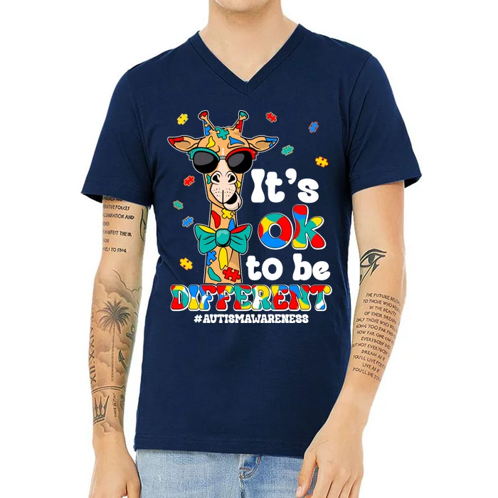 Funny ItS Ok To Be Different Autism Awareness Giraffe V-Neck T-Shirt