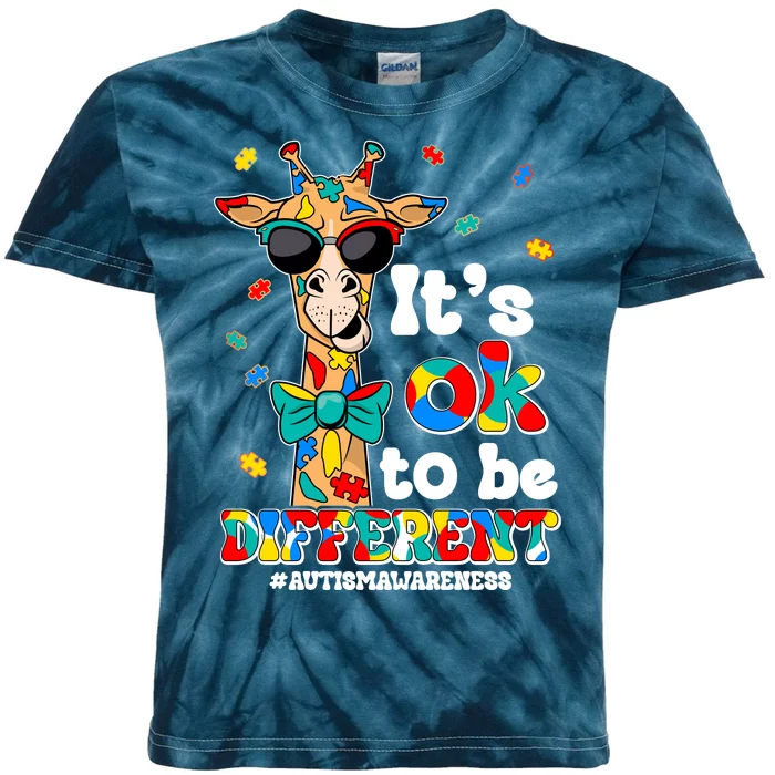 Funny ItS Ok To Be Different Autism Awareness Giraffe Kids Tie-Dye T-Shirt