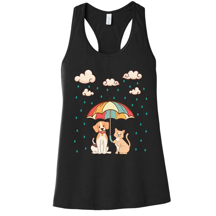 Funny Idiom Raining Cats And Dogs Cute Canine Feline Lover Women's Racerback Tank