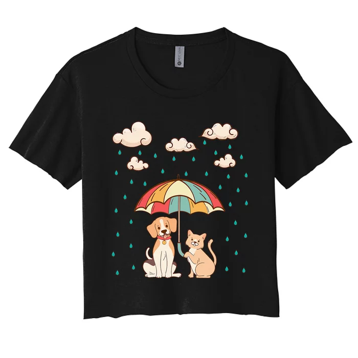 Funny Idiom Raining Cats And Dogs Cute Canine Feline Lover Women's Crop Top Tee