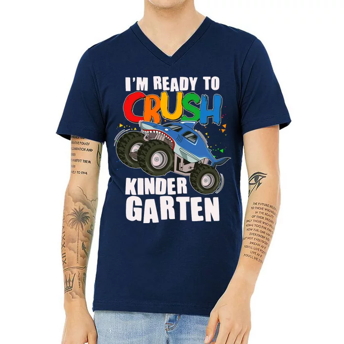 Funny I'm Ready To Crush Kindergarten Shark Monster Truck V-Neck T-Shirt