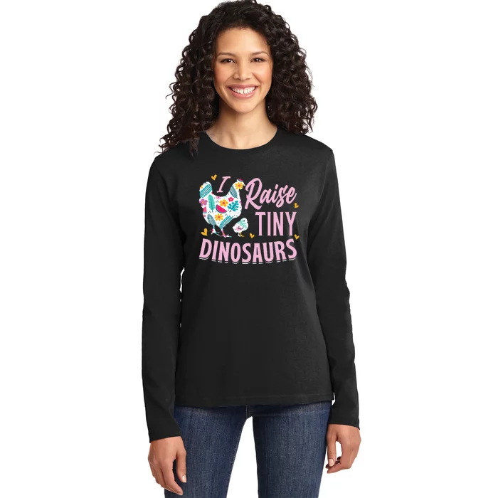 Funny I Raise Tiny Dinosaurs Chicken Joke Farmer Ladies Long Sleeve Shirt