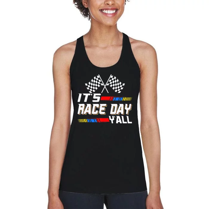 Funny Its Race Day Yall Checkered Flag Racing Track Women's Racerback Tank