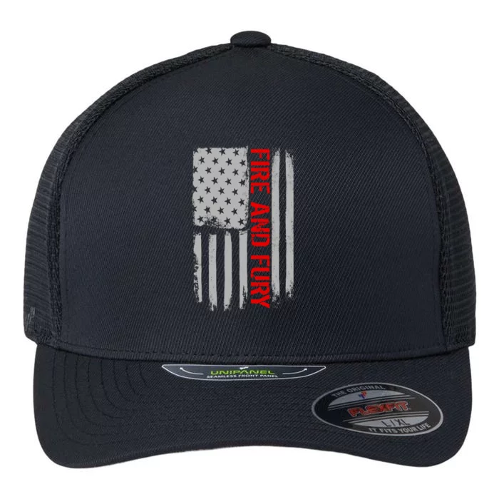 Fire and Fury Trump Military Power USA Flag Flexfit Unipanel Trucker Cap