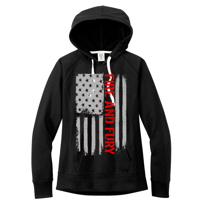 Fire and Fury Trump Military Power USA Flag Women's Fleece Hoodie