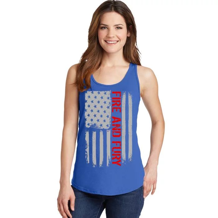 Fire and Fury Trump Military Power USA Flag Ladies Essential Tank