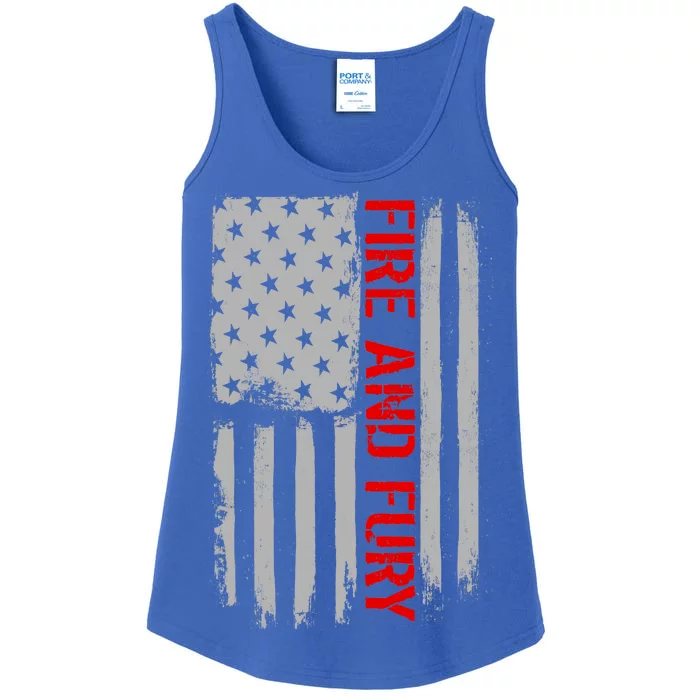 Fire and Fury Trump Military Power USA Flag Ladies Essential Tank