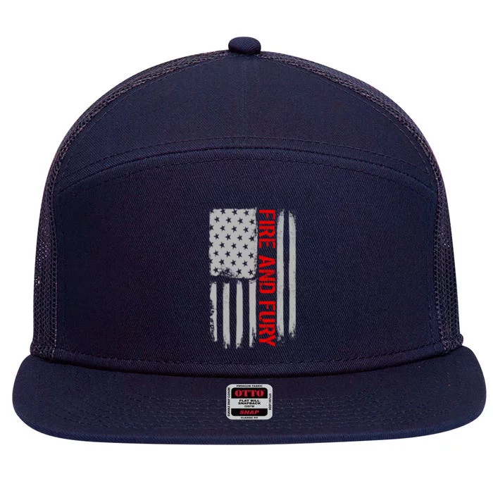 Fire and Fury Trump Military Power USA Flag 7 Panel Mesh Trucker Snapback Hat