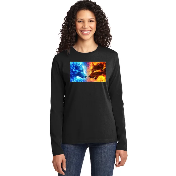 Fire And Ice Wolf Cool Graphic Ladies Long Sleeve Shirt