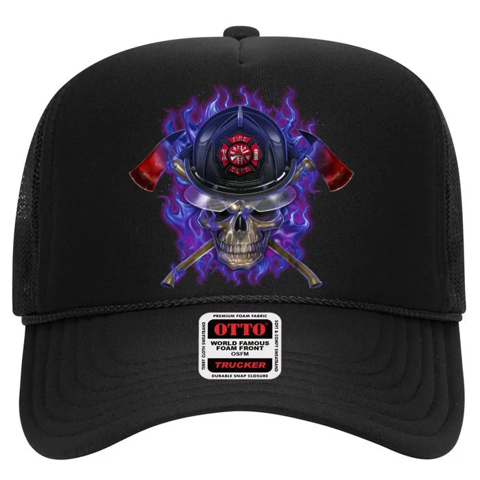 Fire Dept Flame Skull High Crown Mesh Trucker Hat