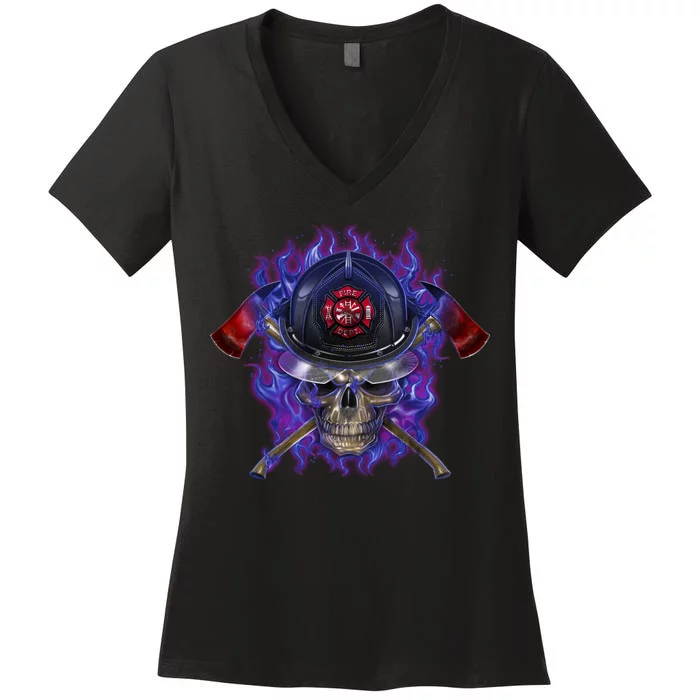 Fire Dept Flame Skull Women's V-Neck T-Shirt