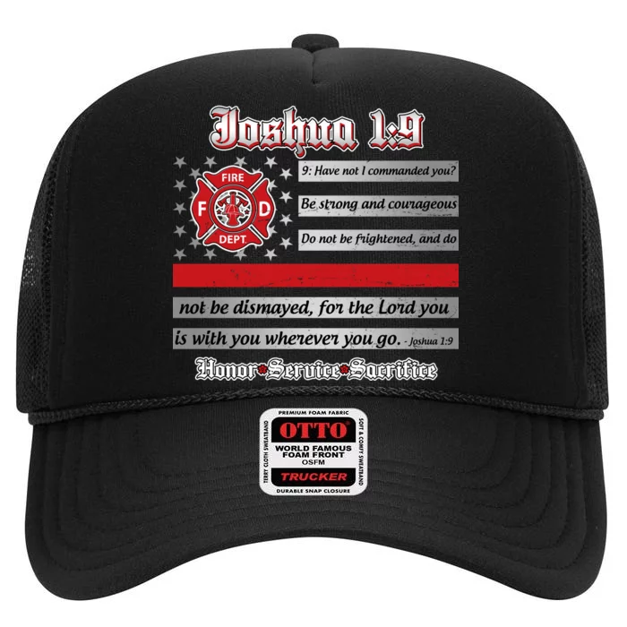 Fire Fighters Red Line Flag Joshua 1:9 High Crown Mesh Trucker Hat