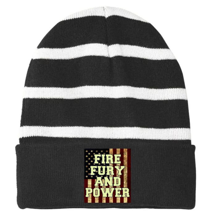 Fire Fury Power USA Flag Trump Quote Striped Beanie with Solid Band