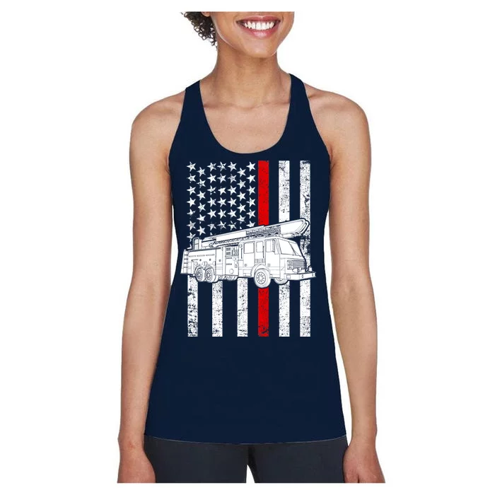 Fire Truck American Firefighter Thin Red Line Flag Women's Racerback Tank